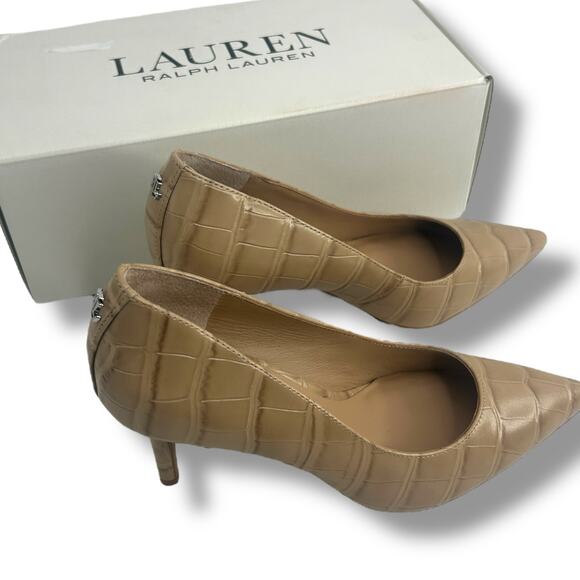 NEW Ralph Lauren Lanette Nude Croc Embossed Heels Size 5 Pointy Toe Stiletto - Picture 14 of 15